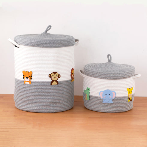 Safari Animals- Grey Rope Basket With Lid